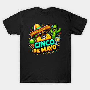 Funny Cinco De Mayo Cartoon Taco Wearing Sombrero,  Lime with Sunglasses and Dancing Cactus! T-Shirt